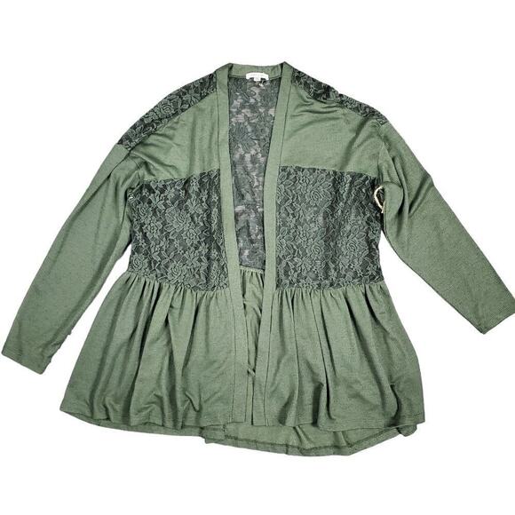Paper + Tee Green Floral Lace Panels Open Front Cardigan Size 2X Plus - Picture 1 of 8